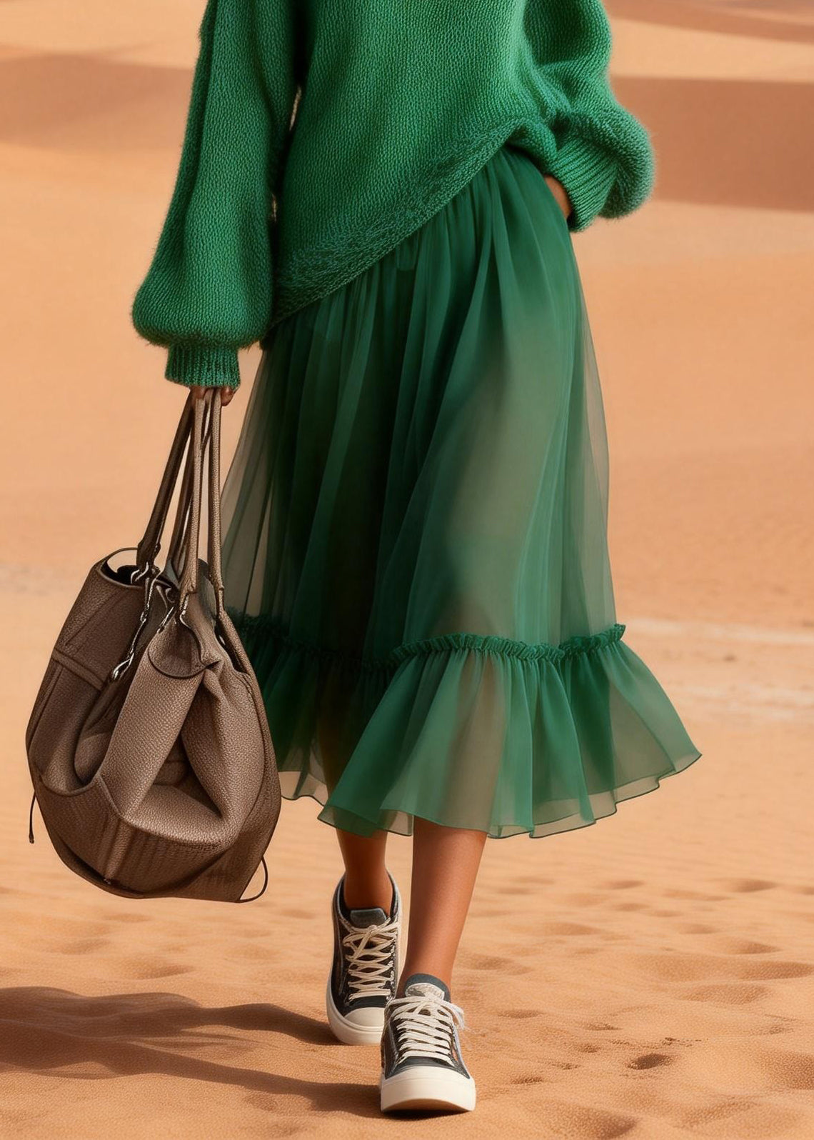 Turtleneck Balloon Sleeve Knit Top Tiered Gauze Ruffle Hem Midi Skirt Set