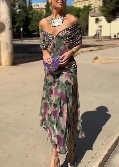 Off Shoulder Twisted Ruched Floral Print Chiffon Maxi Dress