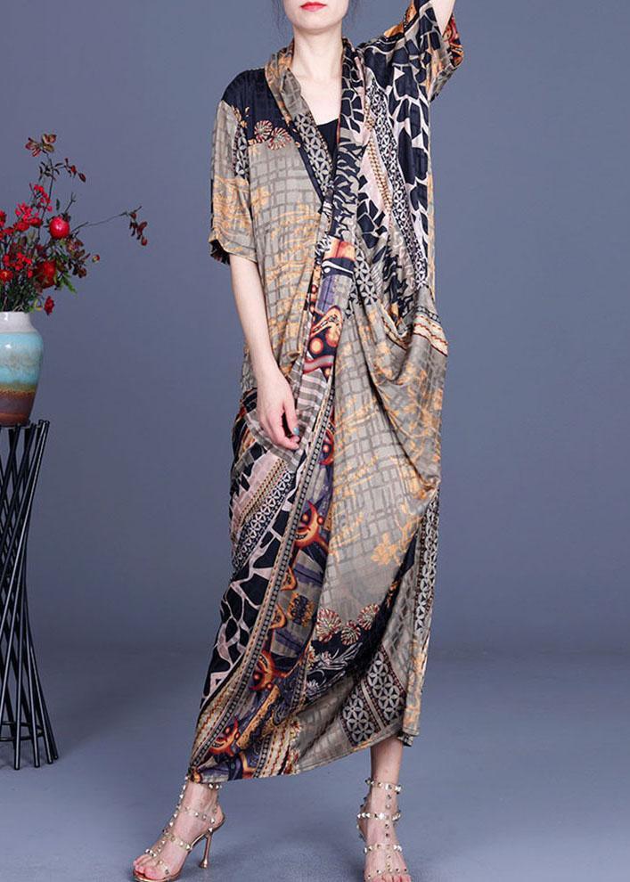 Deep V Neck Mixed Print Patchwork Draped Shawl Collar Oversized Maxi Dress