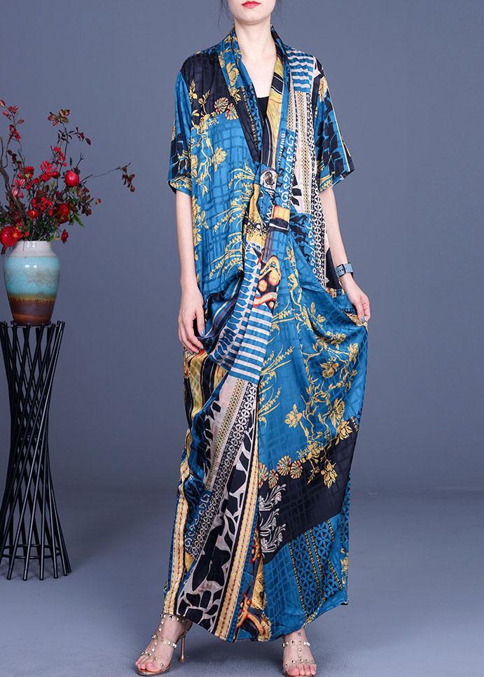 Deep V Neck Mixed Print Patchwork Draped Shawl Collar Oversized Maxi Dress