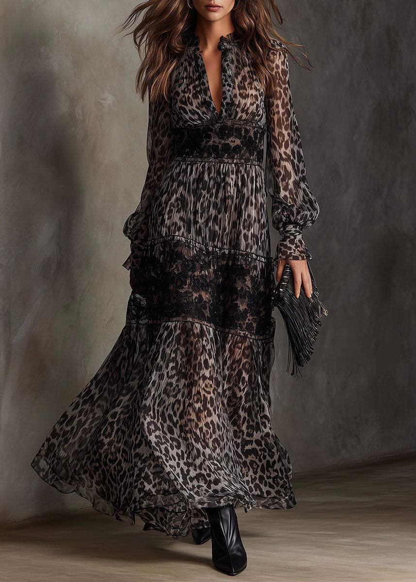 Ruffle Neck Deep V-Neck Lace Insert Bishop Sleeve Tiered Wildcat Print Maxi Dress