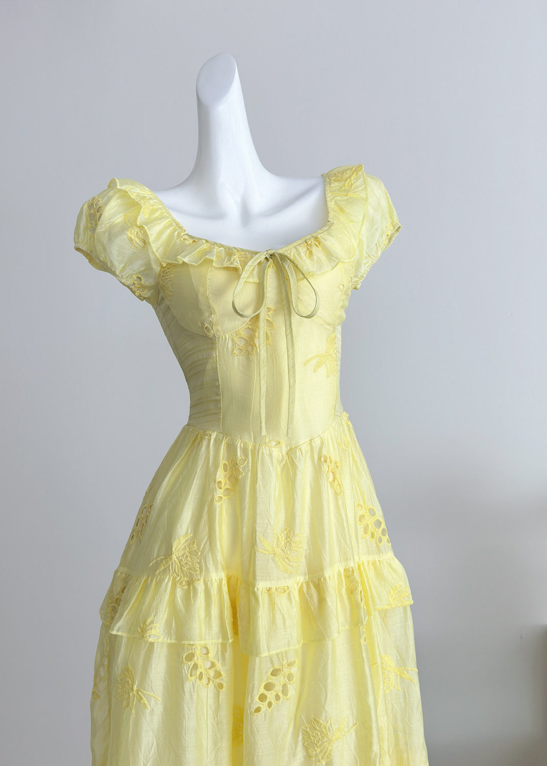 Square Neck Ruffle Bow Cap Sleeve Eyelet Embroidery Tiered Midi Dress