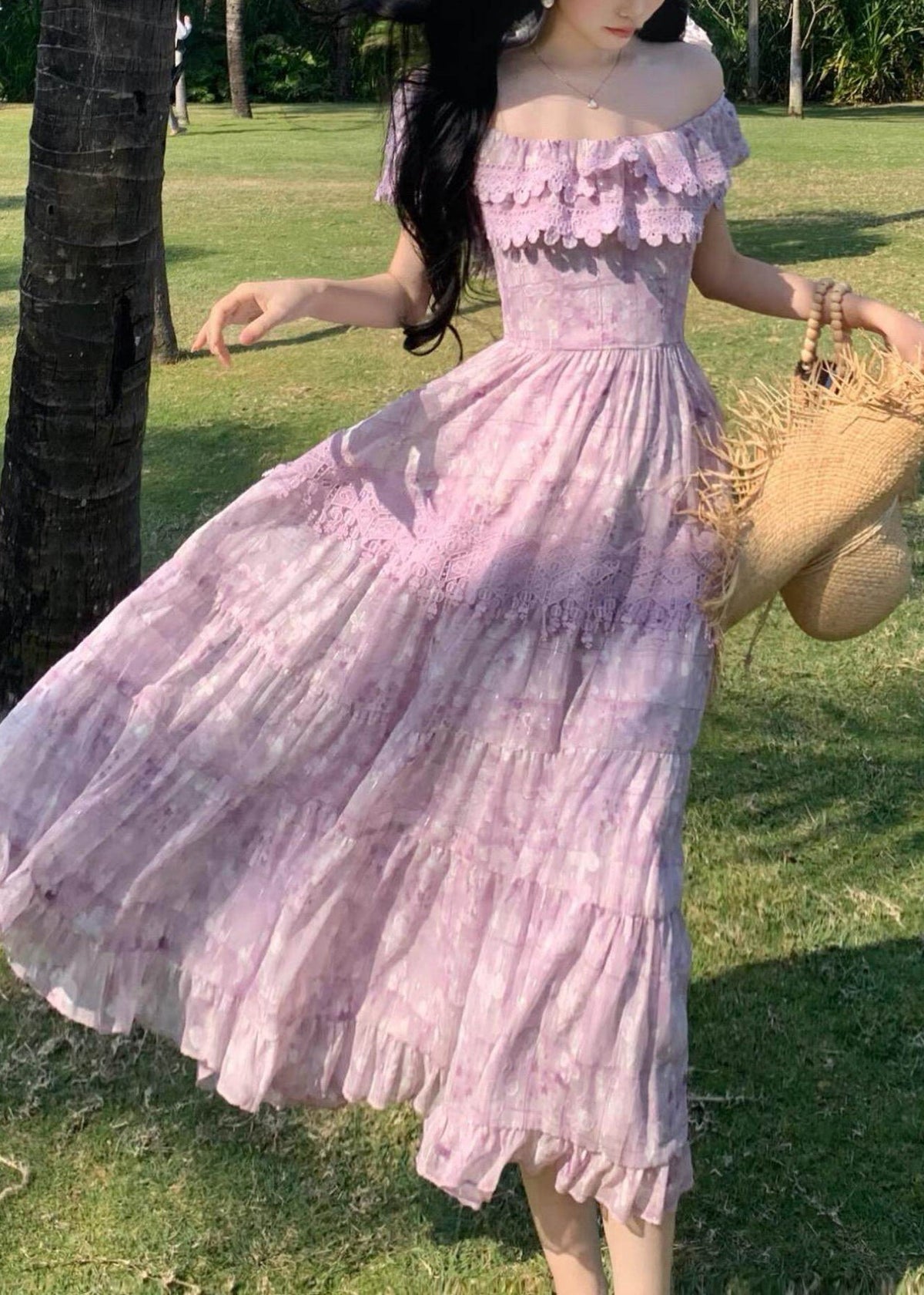 Off Shoulder Lace Band Tiered Ruffle Maxi Dress