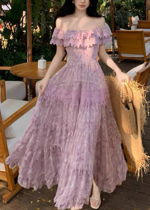 Off Shoulder Lace Band Tiered Ruffle Maxi Dress