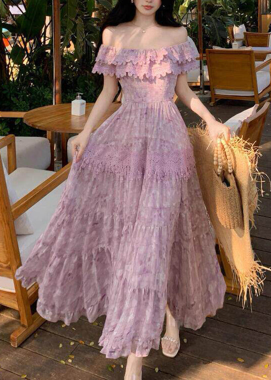 Off Shoulder Lace Band Tiered Ruffle Maxi Dress