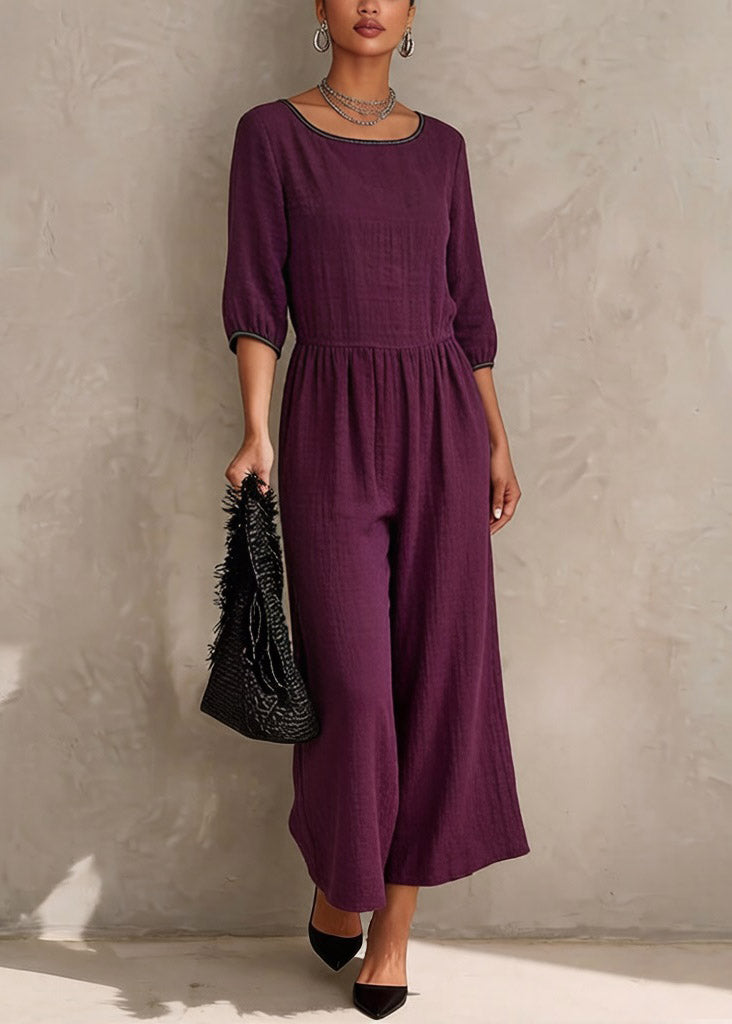 Round Neck Three-Quarter Sleeve Gathered Waist Contrast Trim Wide Leg Jumpsuit