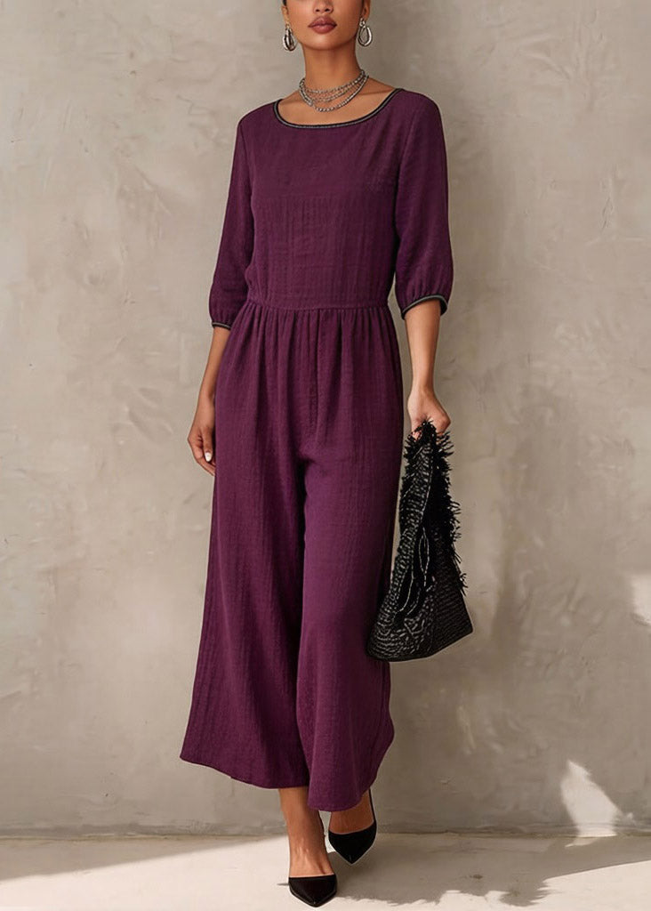 Round Neck Three-Quarter Sleeve Gathered Waist Contrast Trim Wide Leg Jumpsuit