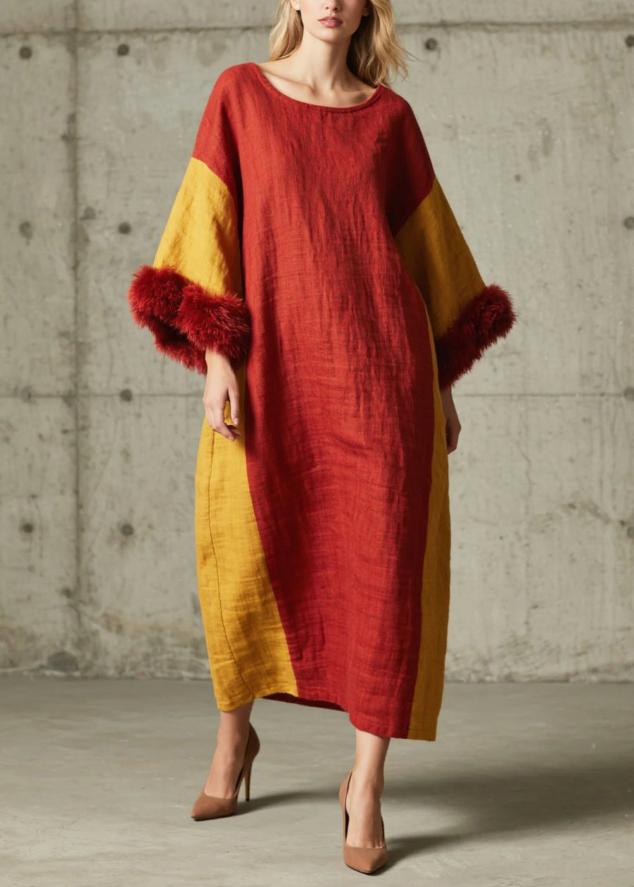 Round Neck Bell Sleeve Faux Fur Cuff Colorblock Linen Oversized Maxi Dress