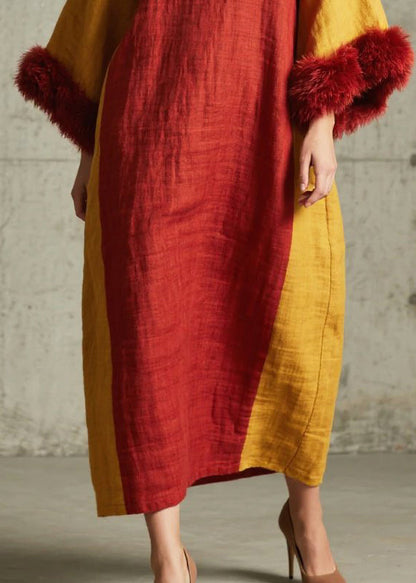 Round Neck Bell Sleeve Faux Fur Cuff Colorblock Linen Oversized Maxi Dress