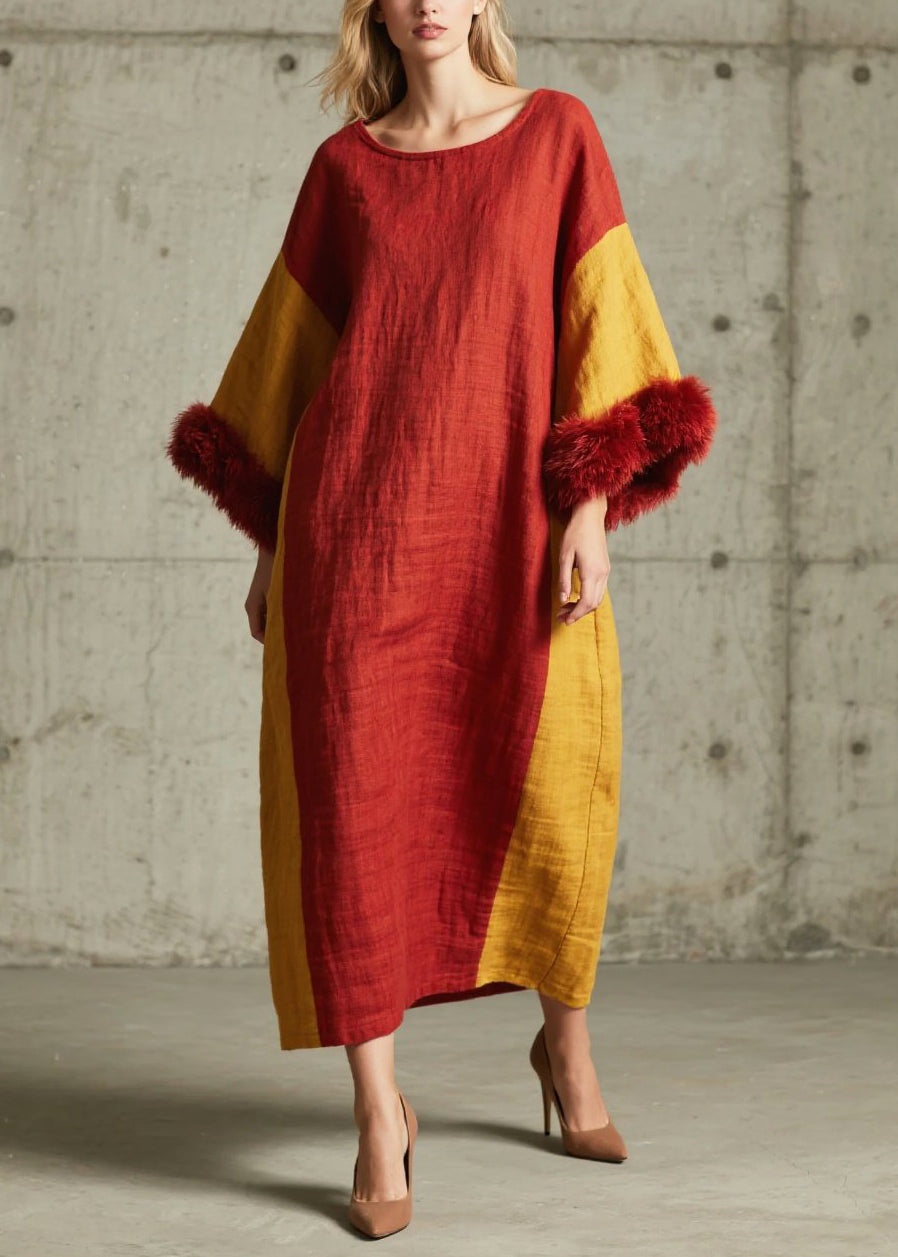 Round Neck Bell Sleeve Faux Fur Cuff Colorblock Linen Oversized Maxi Dress