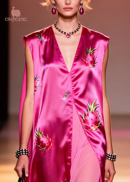 Deep V-Neck Dragon Fruit Print Satin Sheer Layered Maxi Dress