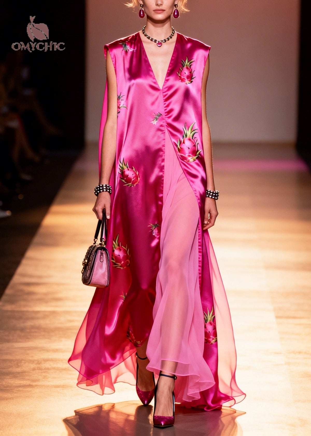 Deep V-Neck Dragon Fruit Print Satin Sheer Layered Maxi Dress