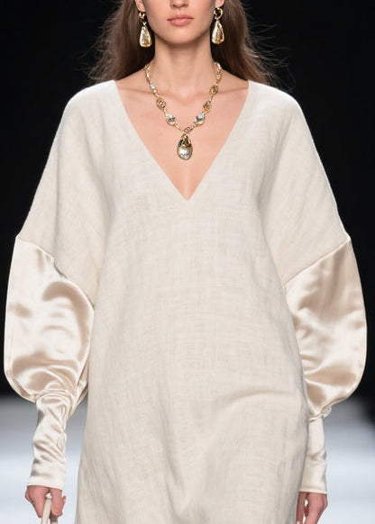 Deep V-Neck Textured Linen Mini Dress with Satin Puff Sleeves