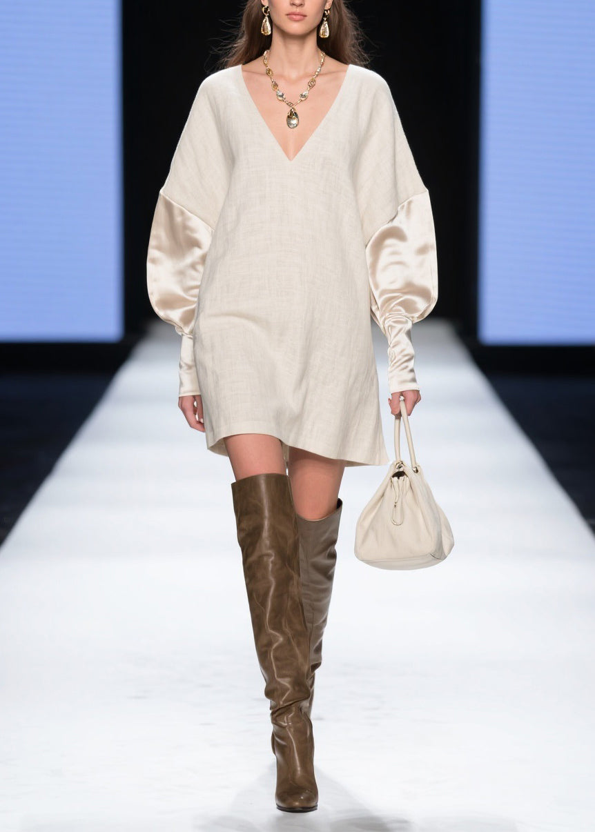 Deep V-Neck Textured Linen Mini Dress with Satin Puff Sleeves