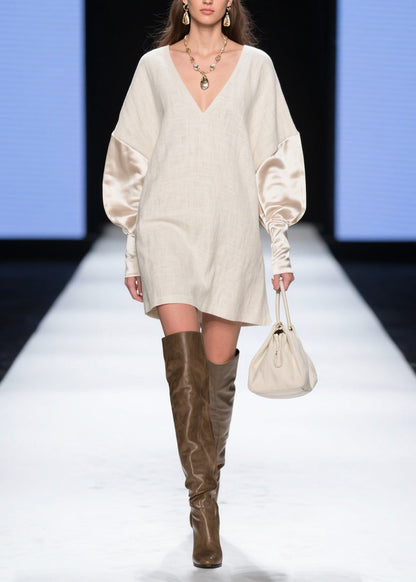 Deep V-Neck Textured Linen Mini Dress with Satin Puff Sleeves