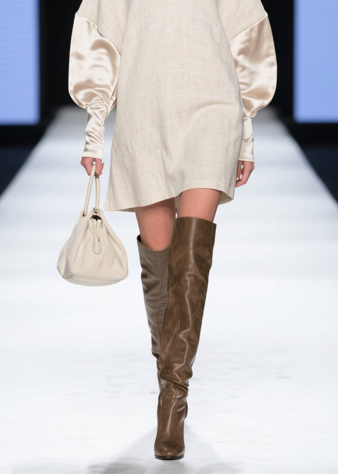 Deep V-Neck Textured Linen Mini Dress with Satin Puff Sleeves