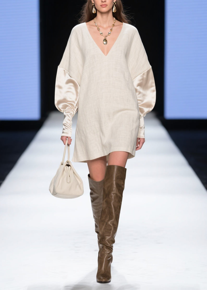 Deep V-Neck Textured Linen Mini Dress with Satin Puff Sleeves