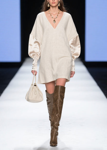 Deep V-Neck Textured Linen Mini Dress with Satin Puff Sleeves