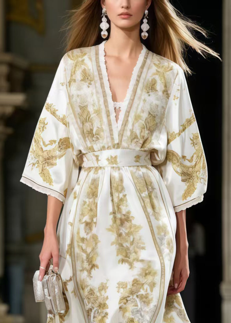 V-Neck Lace Trim Bell Sleeve Belted Scroll Floral Print Maxi Gown
