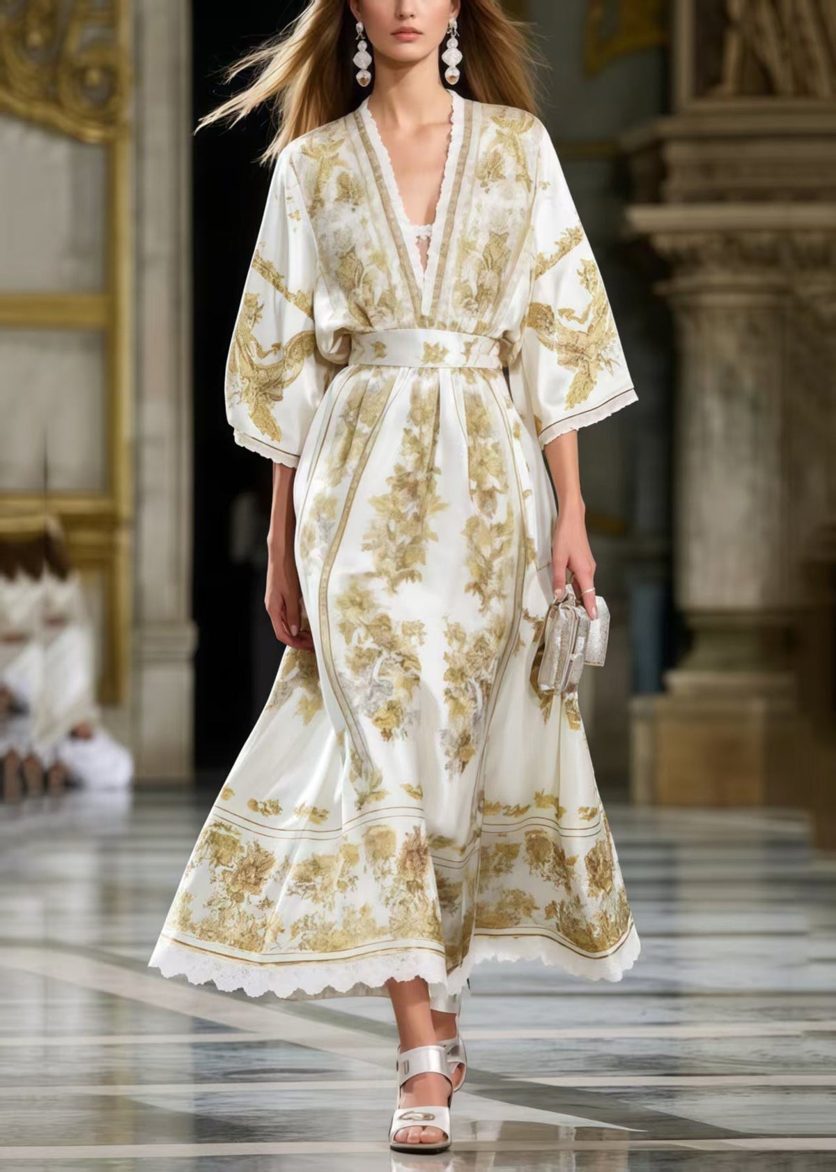 V-Neck Lace Trim Bell Sleeve Belted Scroll Floral Print Maxi Gown