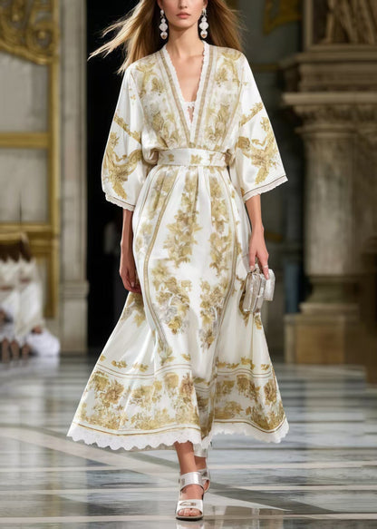 V-Neck Lace Trim Bell Sleeve Belted Scroll Floral Print Maxi Gown