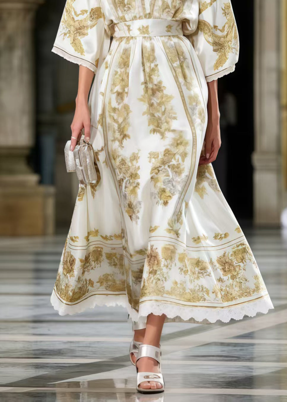 V-Neck Lace Trim Bell Sleeve Belted Scroll Floral Print Maxi Gown