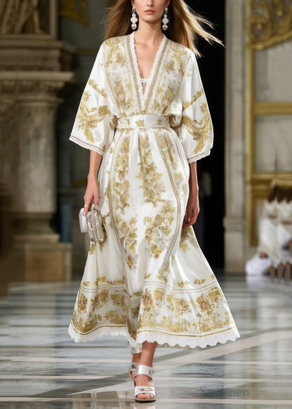 V-Neck Lace Trim Bell Sleeve Belted Scroll Floral Print Maxi Gown