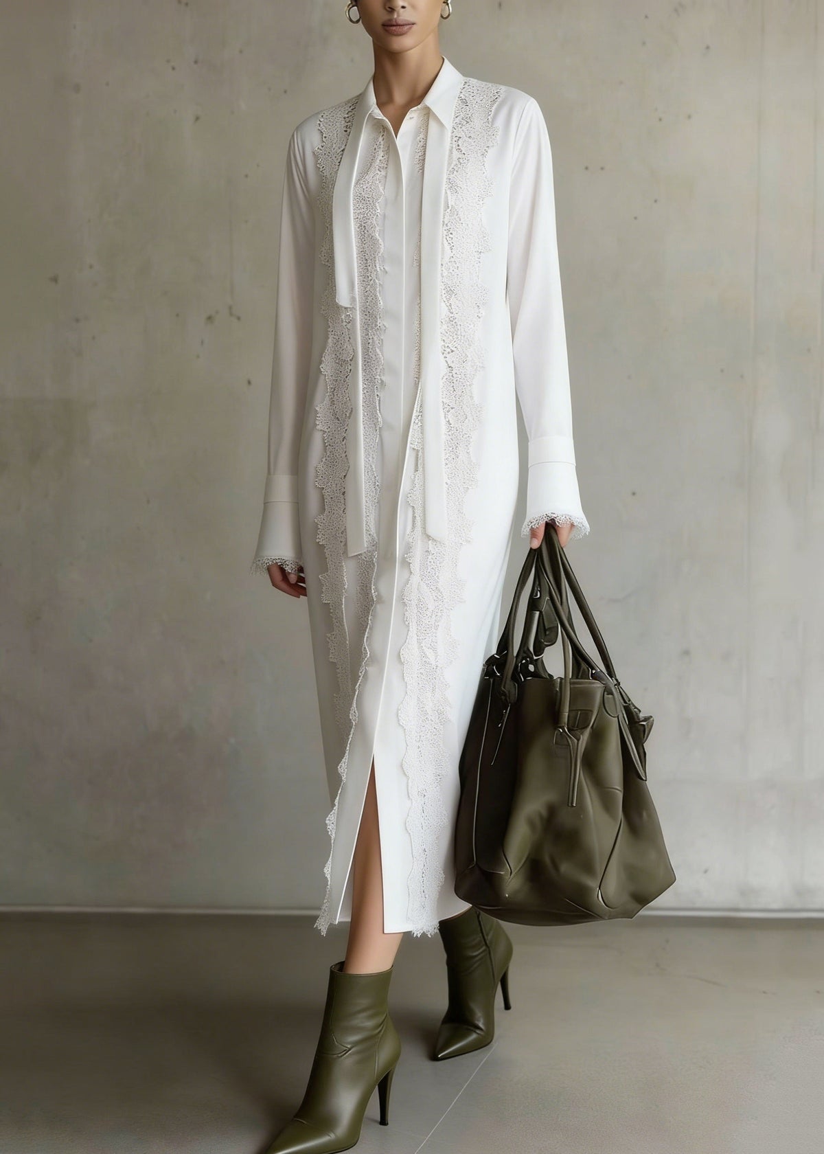 Pointed Collar Lace Panel Button Front Scalloped Cuff Midi Shirt Dress