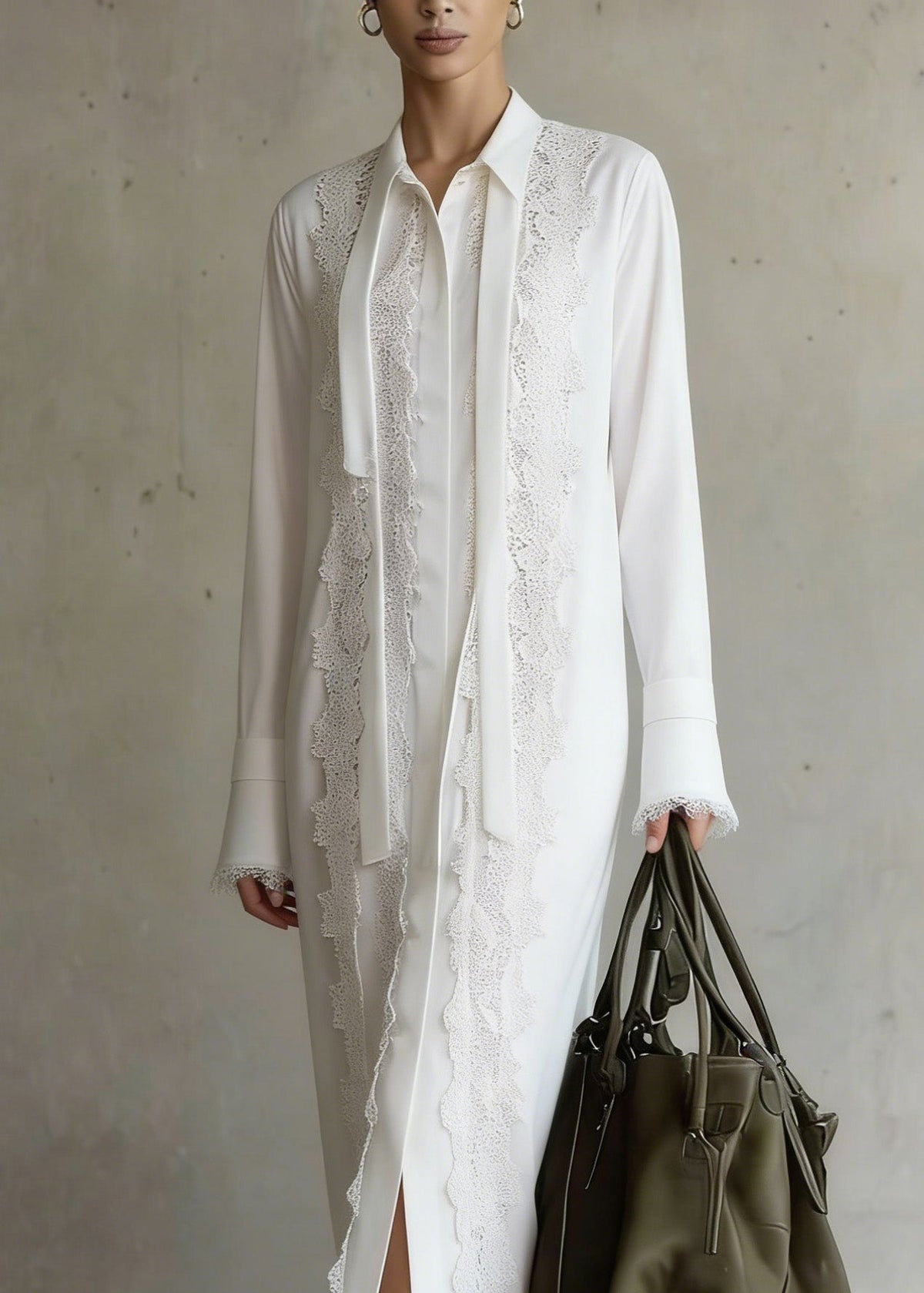 Pointed Collar Lace Panel Button Front Scalloped Cuff Midi Shirt Dress