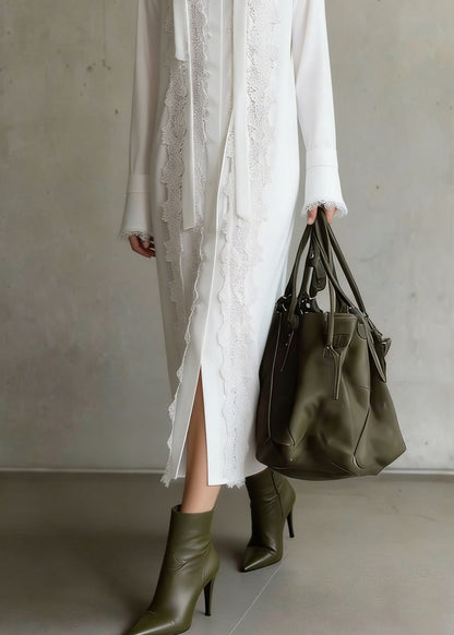 Pointed Collar Lace Panel Button Front Scalloped Cuff Midi Shirt Dress