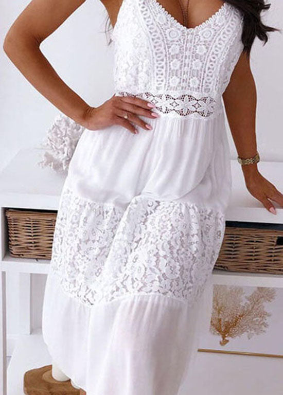 V-Neck Crochet Lace Tiered Panel Sleeveless Midi Dress