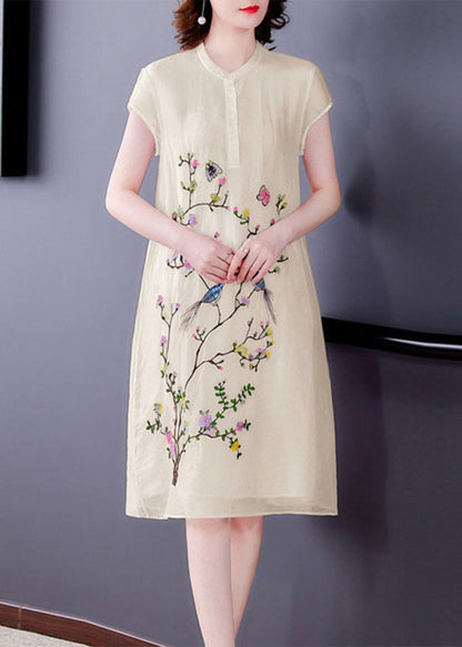 Mandarin Collar Bird Blossom Embroidered Cap Sleeve Shift Dress