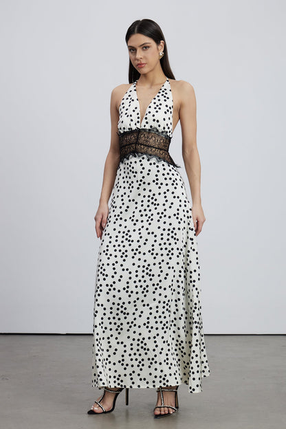 Halter Deep V Lace Panel Polka Dot Satin Maxi Gown