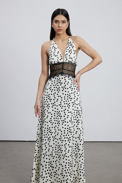 Halter Deep V Lace Panel Polka Dot Satin Maxi Gown