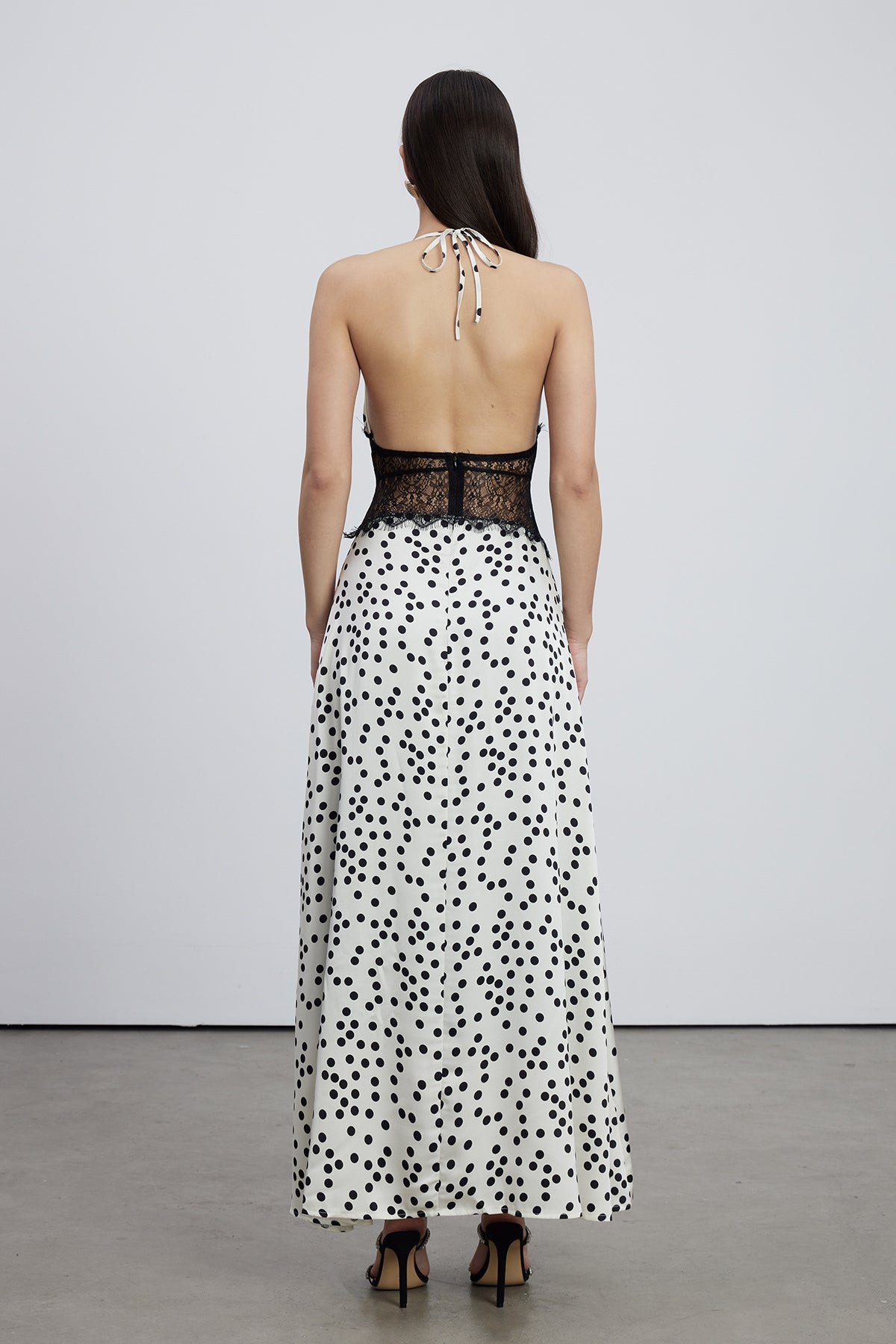 Halter Plunge Polka Dot Lace Waist Maxi Gown