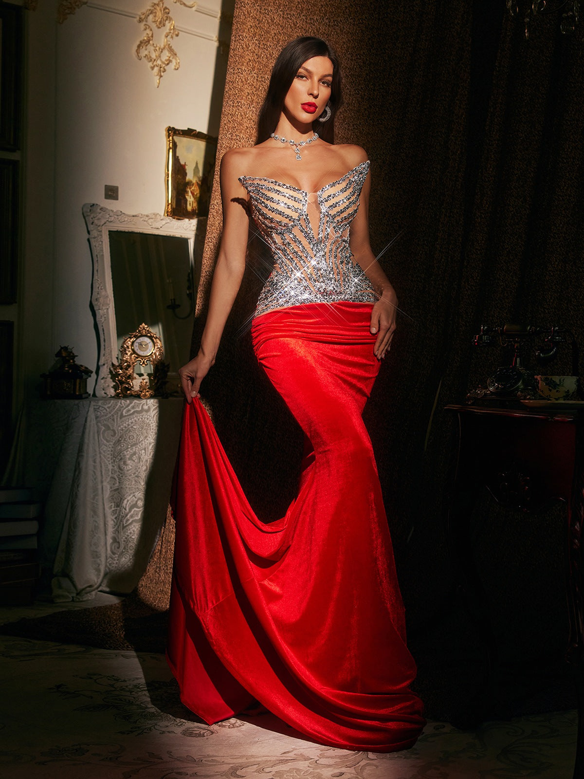 Strapless Sequin Corset Velvet Ruched Mermaid Maxi Gown