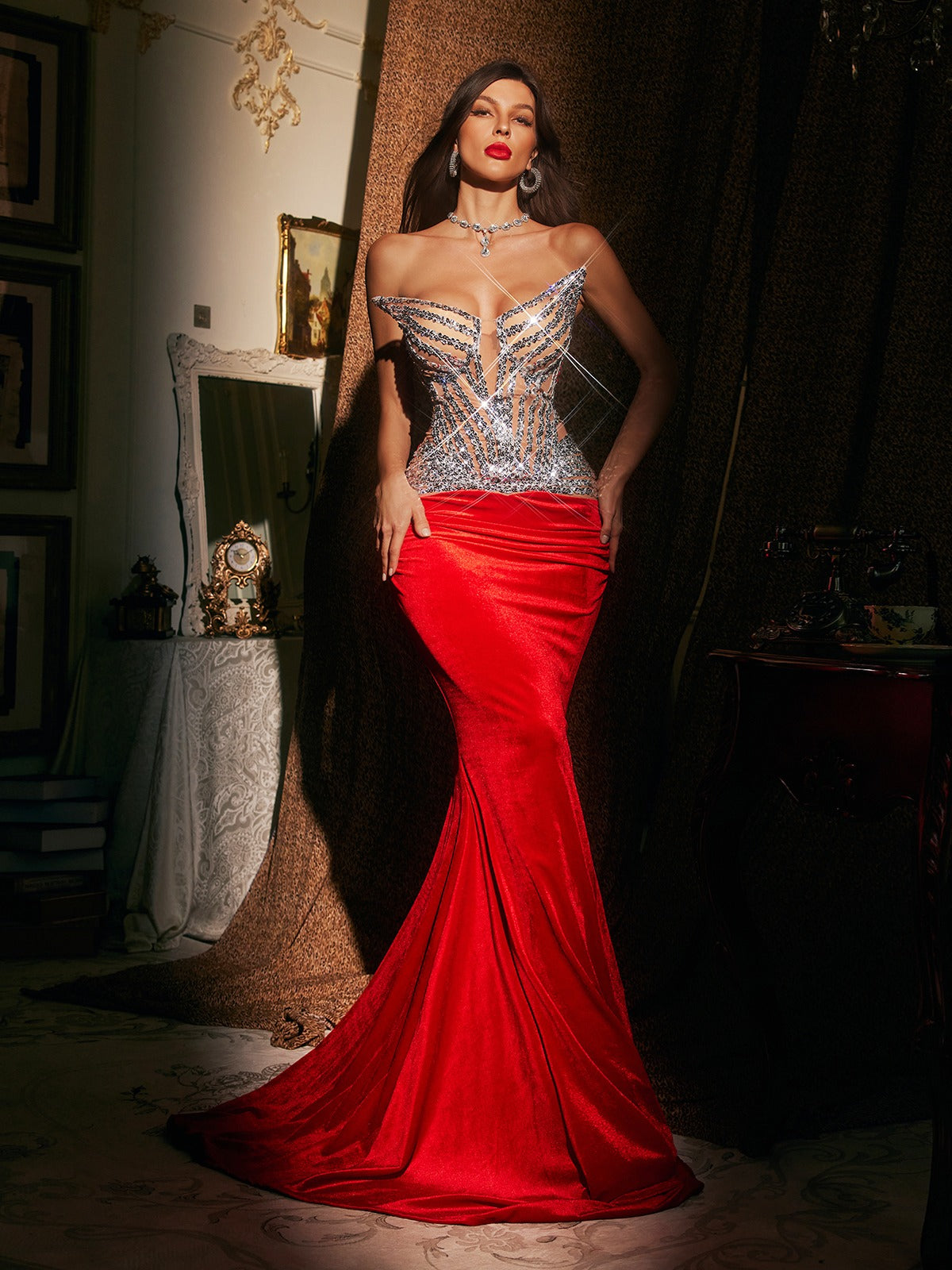 Strapless Sequin Corset Velvet Ruched Mermaid Maxi Gown