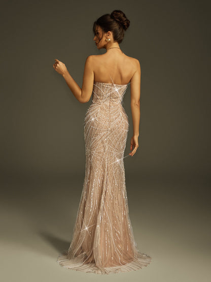 Strapless 3D Rosette Beaded High Slit Column Maxi Gown
