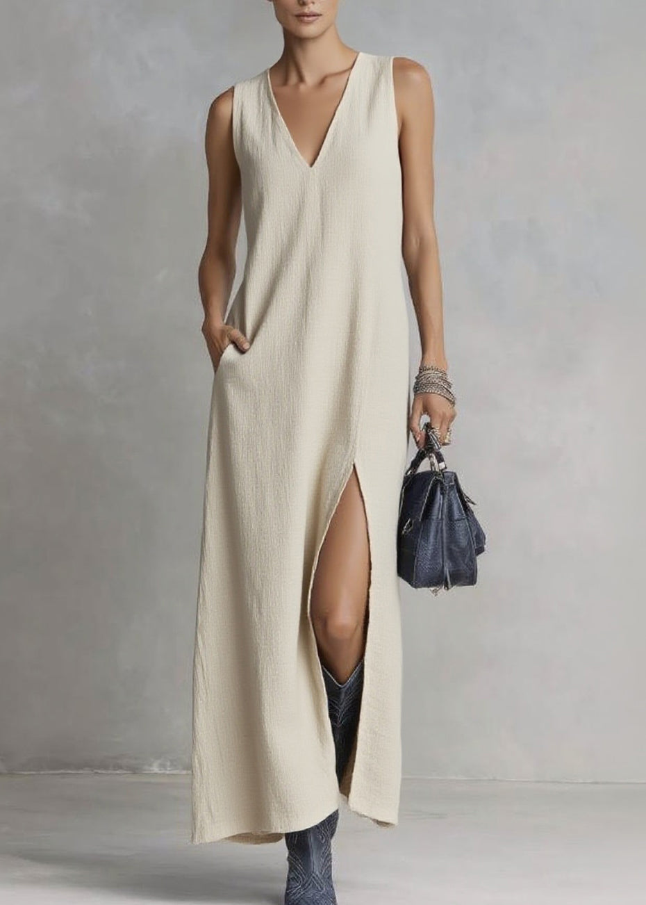 Deep V Neck Crinkle Textured High Slit Pocket Maxi Dress
