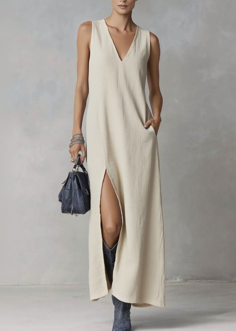 Deep V Neck Crinkle Textured High Slit Pocket Maxi Dress