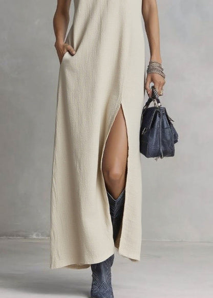 Deep V Neck Crinkle Textured High Slit Pocket Maxi Dress