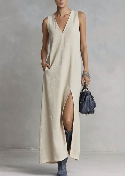 Deep V Neck Crinkle Textured High Slit Pocket Maxi Dress
