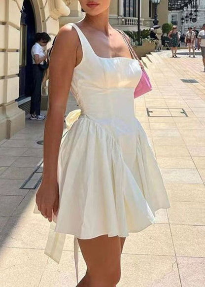 Square Neck Basque Waist Bow Back Pleated Mini Dress