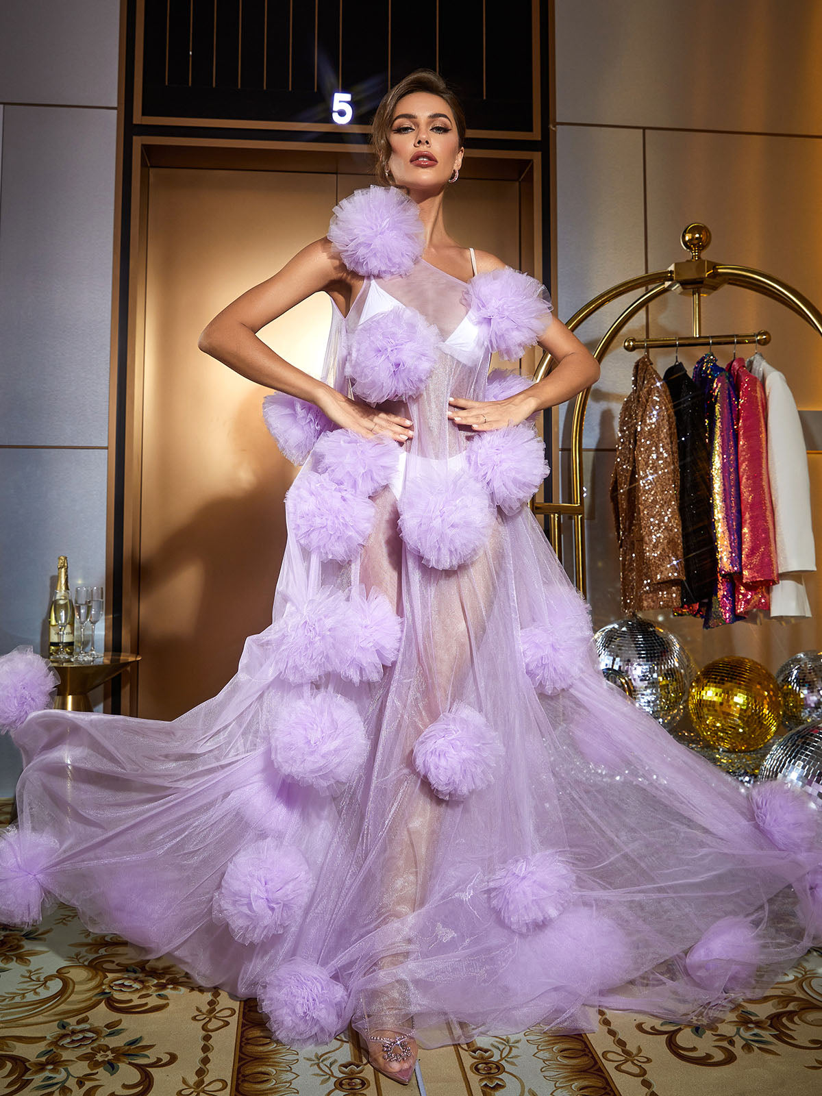 One Shoulder Tulle Pom Illusion Maxi Gown