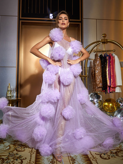 One Shoulder Tulle Pom Illusion Maxi Gown