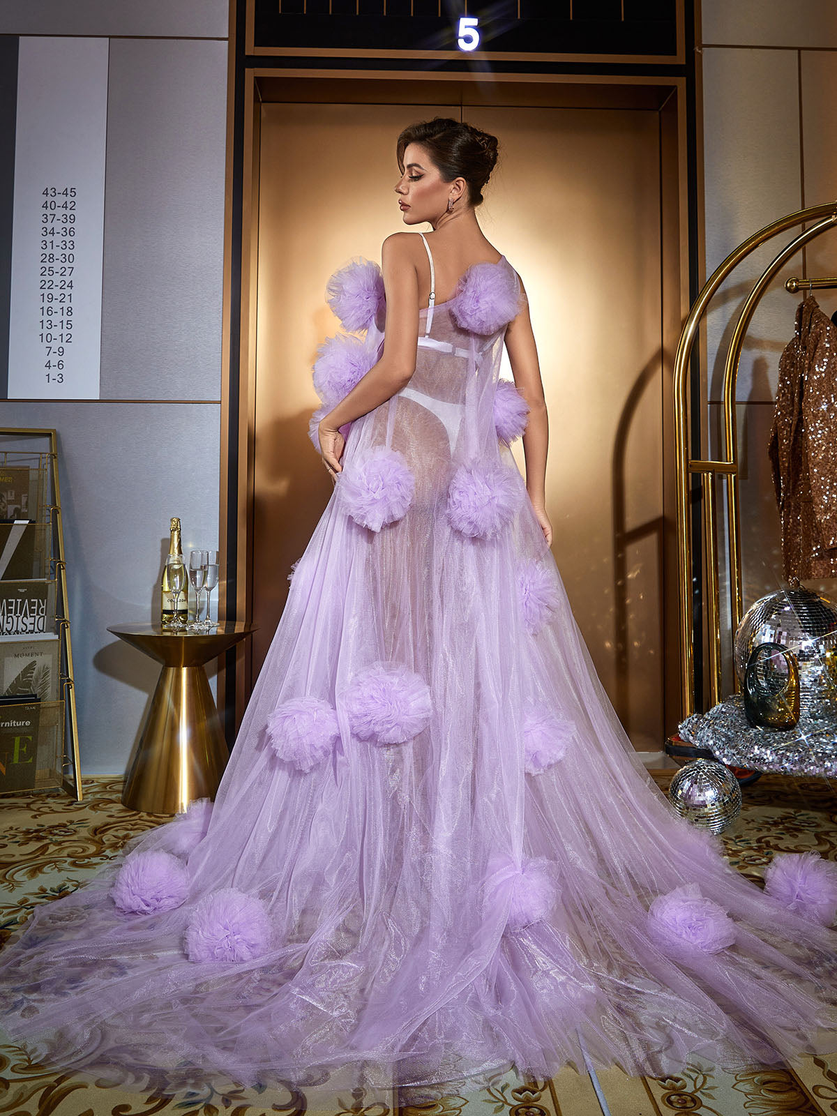 One Shoulder Tulle Pom Illusion Maxi Gown
