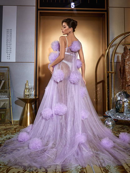 One Shoulder Tulle Pom Illusion Maxi Gown