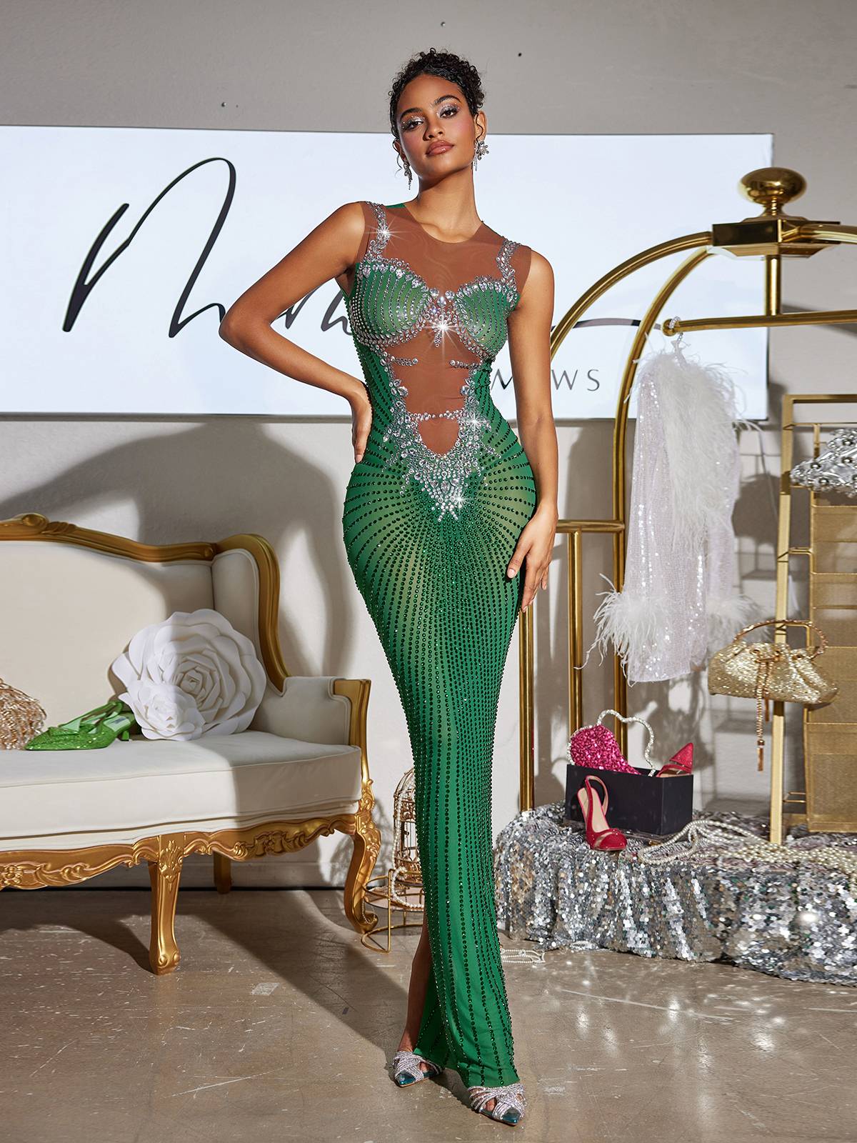 Printed Rhinestone Split Column Maxi Gown