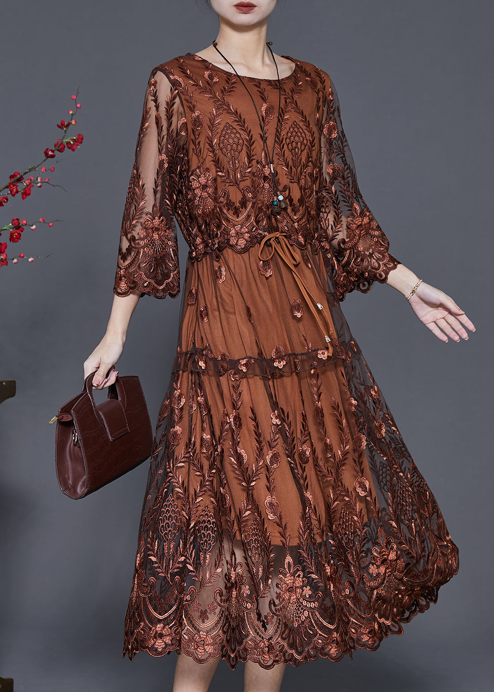 Round Neck Three Quarter Sleeve Floral Embroidery Drawstring Midi Dress