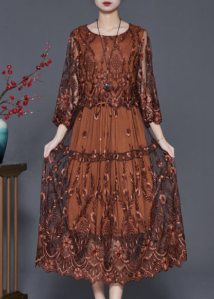 Round Neck Three Quarter Sleeve Floral Embroidery Drawstring Midi Dress